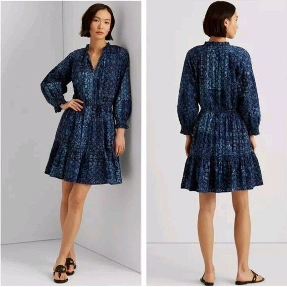 Lauren Ralph Lauren Eyelet Puff Sleeve Tiered Patchwork Dress Sz 8 NWT MSRP $185 - Picture 1 of 16
